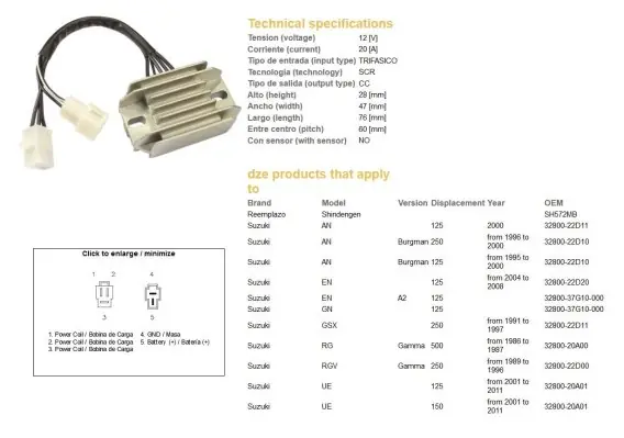 Bestseller DZE REGULATOR NAPIĘCIA SUZUKI AN 125/250 BURGMAN ‘95-‘00; EN 125; GN 125; UE 125/150 ‘01-‘11 (32800-22D11, 32800-22D10, 32800-37