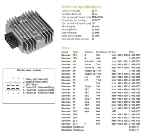 DZE REGULATOR NAPIĘCIA KAWASAKI VN 750/1500; ZN 700/1100; ZR 750 ‘91-‘93; ZX 400/550/600; ZZ-R 400/500/600 (OEM 21066-1055;21066 Wybór klientów