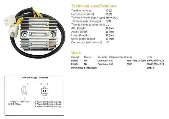 DZE REGULATOR NAPIĘCIA HONDA NX 650 DOMINATOR ‘95-‘99; ‘02 (31600-MAN-621) (35A) Dostępne od ręki