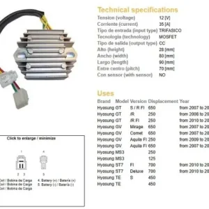 DZE REGULATOR NAPIĘCIA HYOSUNG GT 250R ‘08-‘13; GT 650S/R ‘08-‘13; GV 250 ‘09-‘13; GV 650 ‘07-‘13; MS3 125/250; ST7 700 ‘10-‘13; Nowość