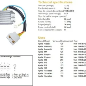 Wyjątkowa oferta DZE REGULATOR NAPIĘCIA APRILIA PEGASO 600/650 ‘90-‘95; RS 125/250 ‘95-‘09; RX 125 ‘94-‘08; LEONARDO; SCARABEO (ESR087)
