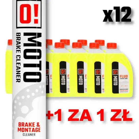 Ograniczona ilość OMOTO ZESTAW 12 SZTUK PŁYN DO CHŁODNIC 1L O! FLUO XTREME COOL + OMOTO SPRAY ZMYWACZ DO HAMULCÓW 750ML O! BRAKE CLEANER AND MONTA